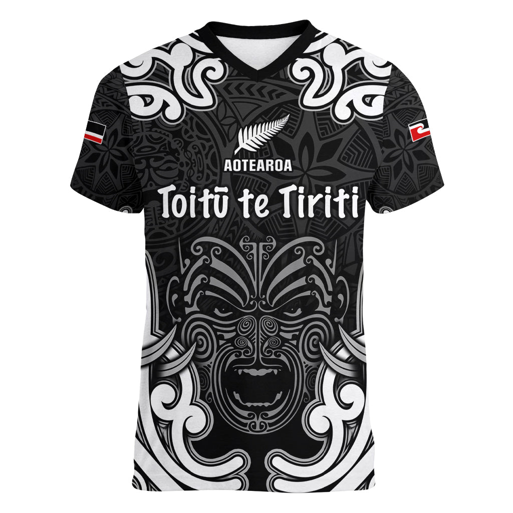 Personalised Aotearoa Women V Neck T Shirt Toitu Te Tiriti O Waitangi LT05 Female Black - Polynesian Pride