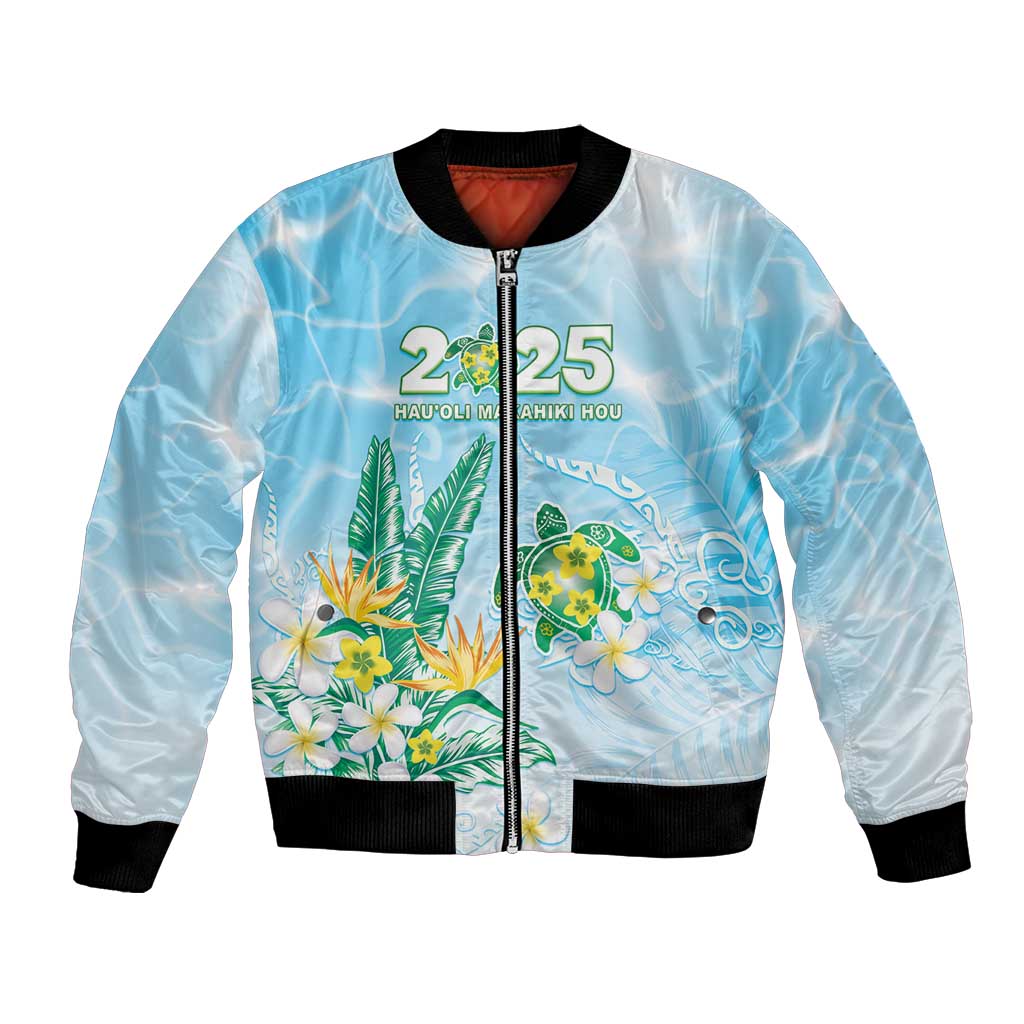 Personalised 2025 Aloha Hawaii Bomber Jacket Tropical Flowers And Honu LT05 Unisex Blue - Polynesian Pride