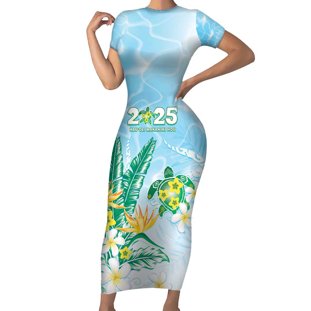 Personalised 2025 Aloha Hawaii Short Sleeve Bodycon Dress Tropical Flowers And Honu LT05 Long Dress Blue - Polynesian Pride