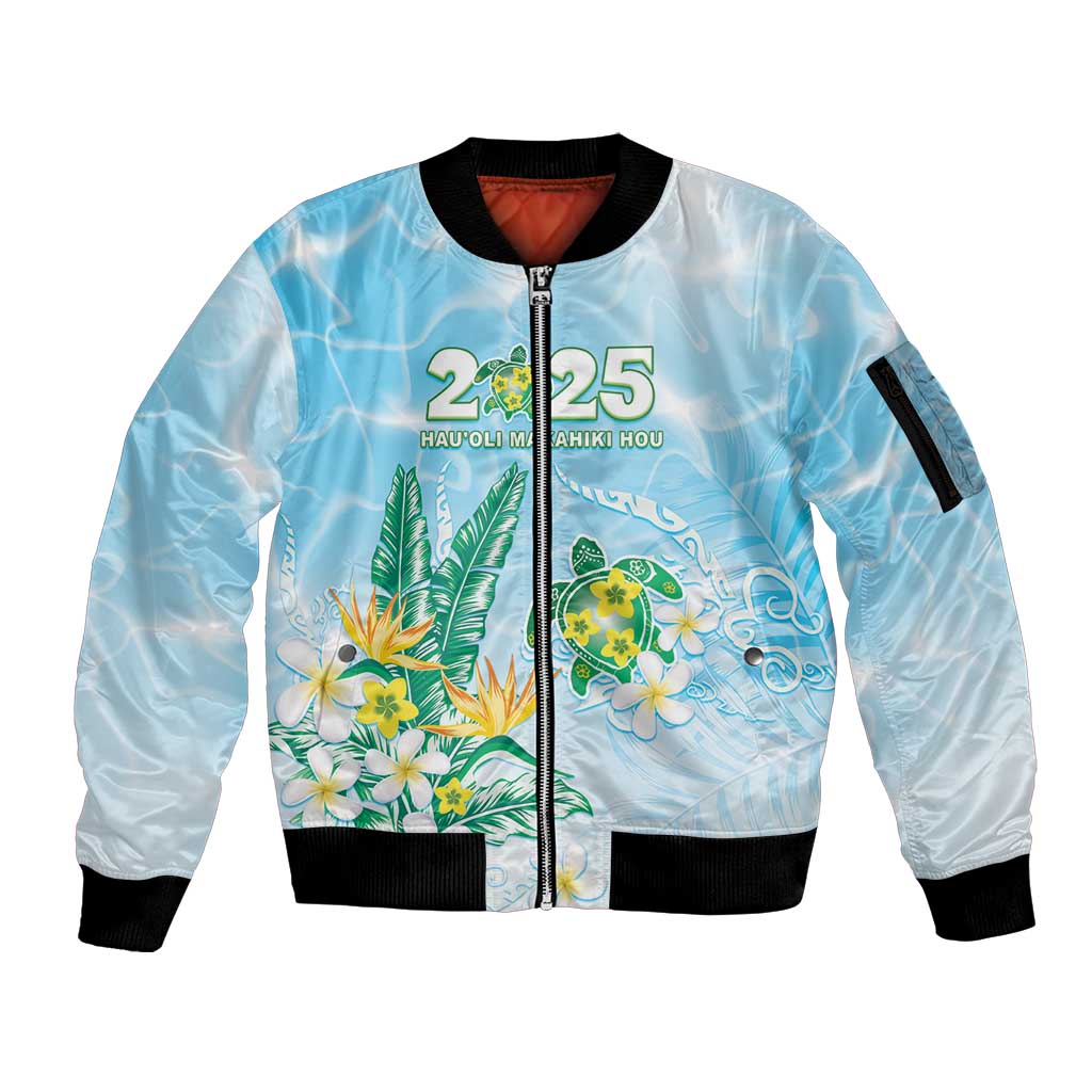 Personalised 2025 Aloha Hawaii Sleeve Zip Bomber Jacket Tropical Flowers And Honu LT05 Unisex Blue - Polynesian Pride