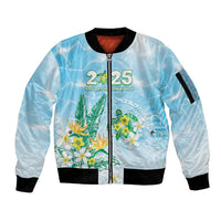 Personalised 2025 Aloha Hawaii Sleeve Zip Bomber Jacket Tropical Flowers And Honu LT05 Unisex Blue - Polynesian Pride