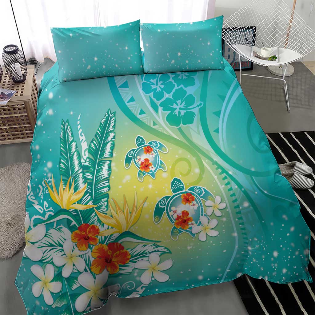 Hawaii Honu Bedding Set Tropical Flowers Turquoise Gradient LT05 - Polynesian Pride