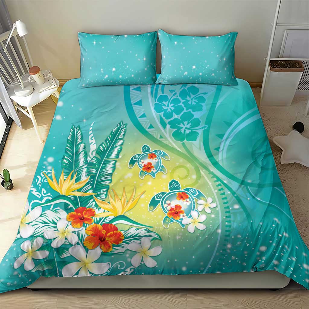 Hawaii Honu Bedding Set Tropical Flowers Turquoise Gradient LT05 - Polynesian Pride