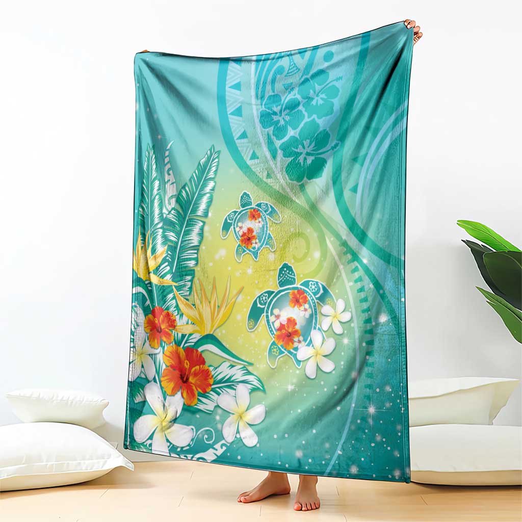 Hawaii Honu Blanket Tropical Flowers Turquoise Gradient LT05 - Polynesian Pride