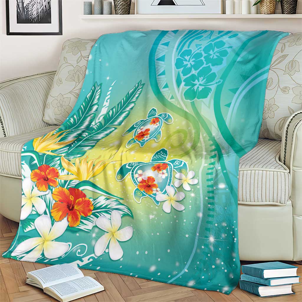 Hawaii Honu Blanket Tropical Flowers Turquoise Gradient LT05 - Polynesian Pride