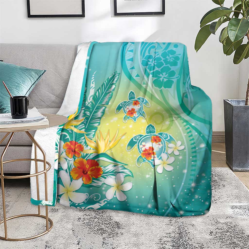Hawaii Honu Blanket Tropical Flowers Turquoise Gradient LT05 - Polynesian Pride