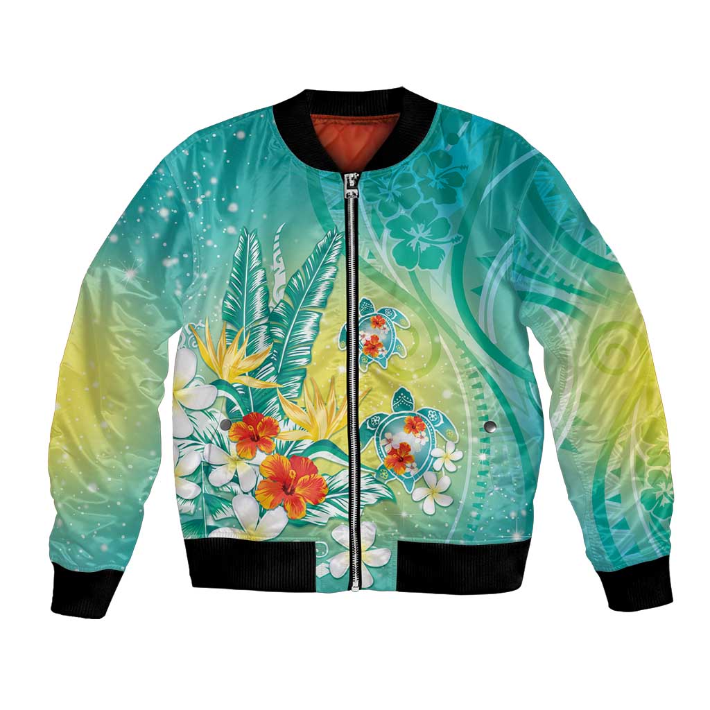 Hawaii Honu Bomber Jacket - Tropical Flowers Turquoise Gradient LT05 Unisex Turquoise - Polynesian Pride