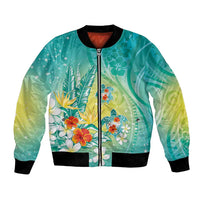 Hawaii Honu Bomber Jacket - Tropical Flowers Turquoise Gradient LT05 Unisex Turquoise - Polynesian Pride