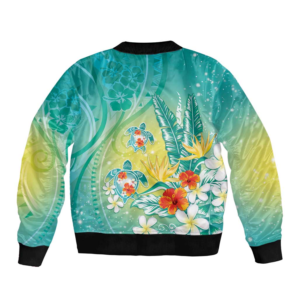 Hawaii Honu Bomber Jacket - Tropical Flowers Turquoise Gradient LT05 - Polynesian Pride