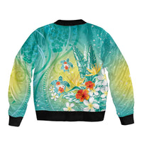 Hawaii Honu Bomber Jacket - Tropical Flowers Turquoise Gradient LT05 - Polynesian Pride