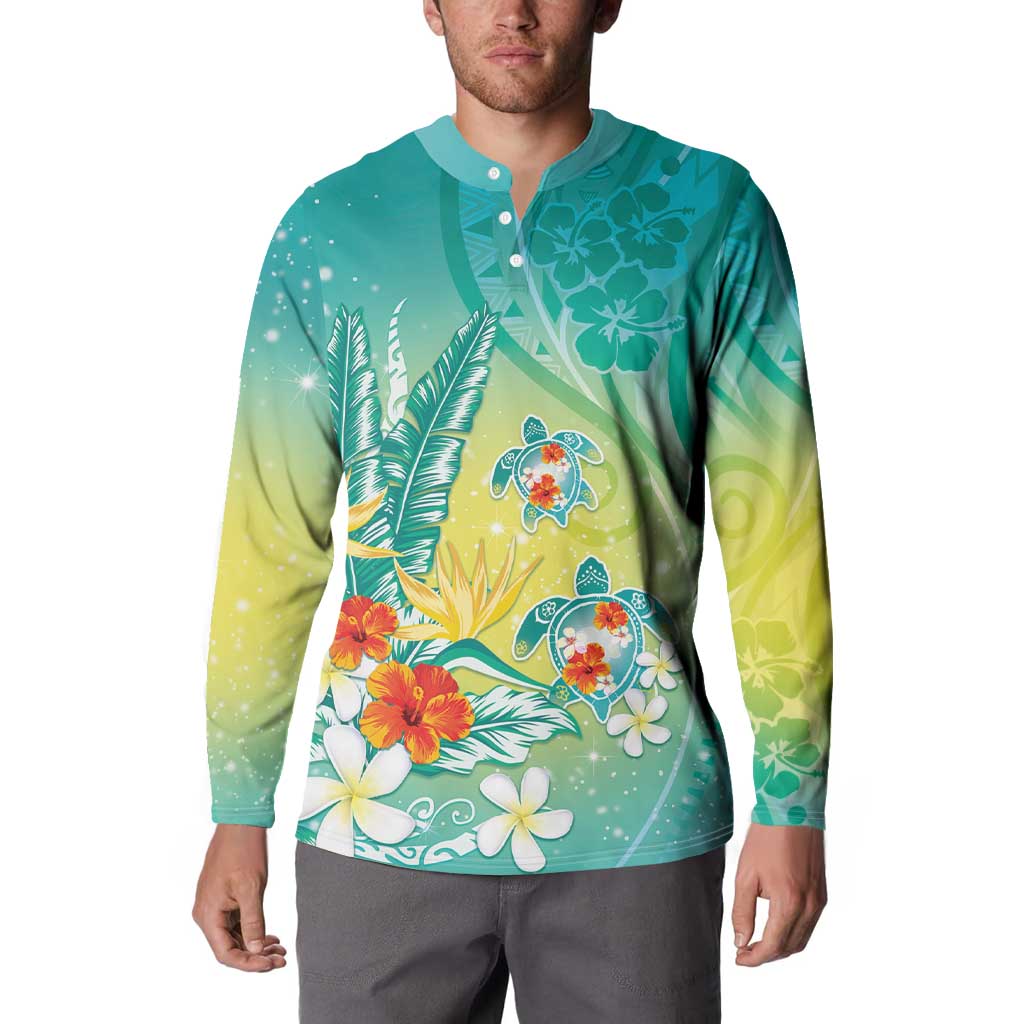 Hawaii Honu Button Sweatshirt Tropical Flowers Turquoise Gradient LT05 - Polynesian Pride