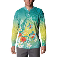 Hawaii Honu Button Sweatshirt Tropical Flowers Turquoise Gradient LT05 - Polynesian Pride