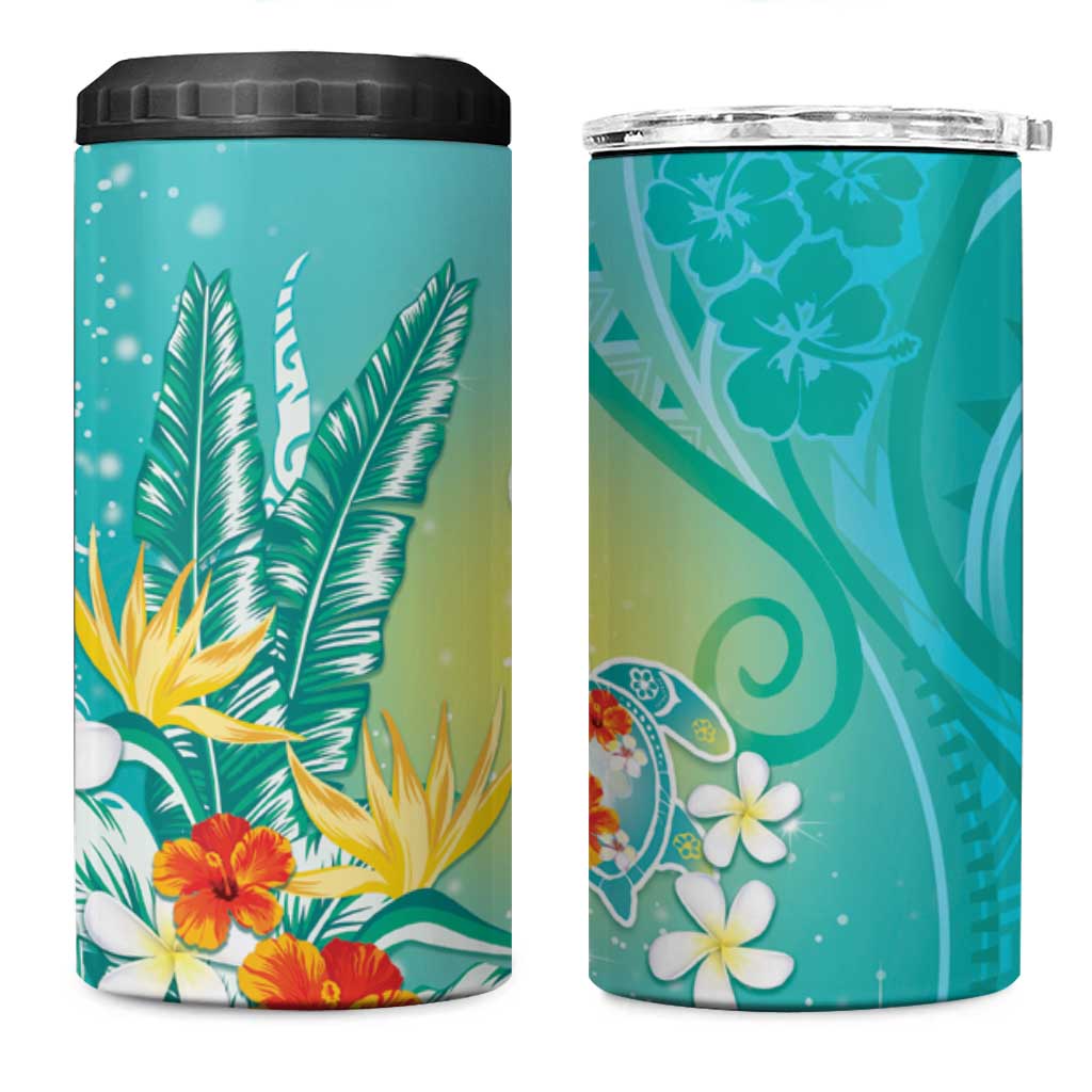 Hawaii Honu 4 in 1 Can Cooler Tumbler Tropical Flowers Turquoise Gradient LT05 One Size: 16 oz Turquoise - Polynesian Pride