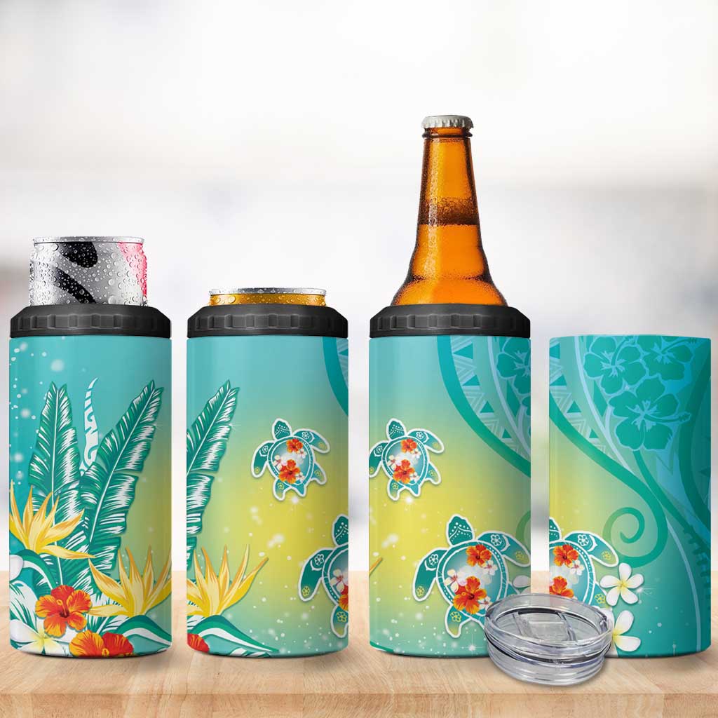 Hawaii Honu 4 in 1 Can Cooler Tumbler Tropical Flowers Turquoise Gradient LT05 - Polynesian Pride