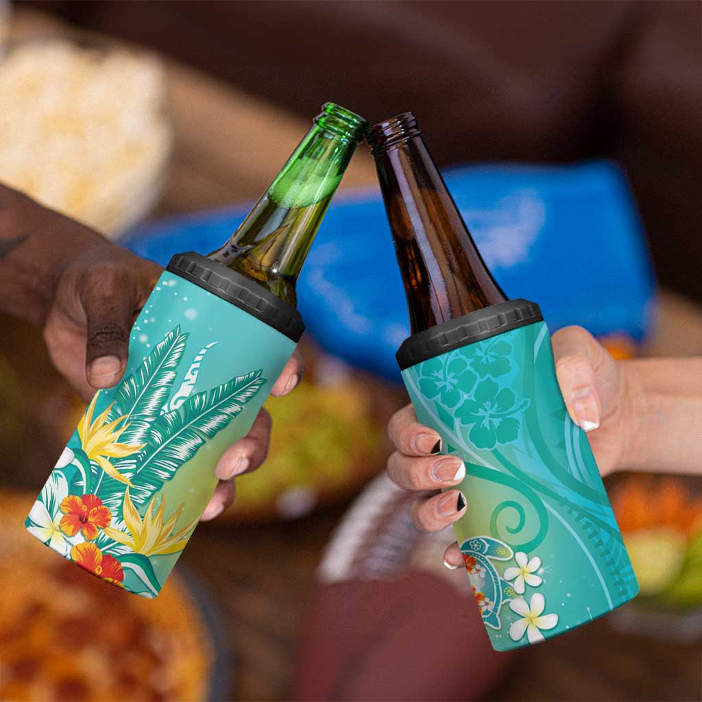 Hawaii Honu 4 in 1 Can Cooler Tumbler Tropical Flowers Turquoise Gradient LT05 - Polynesian Pride