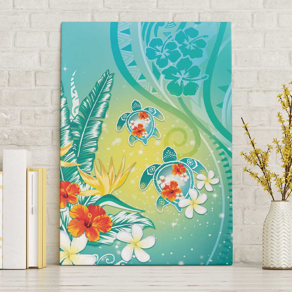 Hawaii Honu Canvas Wall Art Tropical Flowers Turquoise Gradient