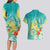 Hawaii Honu Couples Matching Long Sleeve Bodycon Dress and Hawaiian Shirt Tropical Flowers Turquoise Gradient