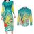 Hawaii Honu Couples Matching Long Sleeve Bodycon Dress and Long Sleeve Button Shirt Tropical Flowers Turquoise Gradient