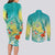 Hawaii Honu Couples Matching Long Sleeve Bodycon Dress and Long Sleeve Button Shirt Tropical Flowers Turquoise Gradient