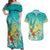 Hawaii Honu Couples Matching Off Shoulder Maxi Dress and Hawaiian Shirt Tropical Flowers Turquoise Gradient