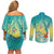 Hawaii Honu Couples Matching Off Shoulder Short Dress and Long Sleeve Button Shirt Tropical Flowers Turquoise Gradient