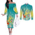 Hawaii Honu Couples Matching Off The Shoulder Long Sleeve Dress and Long Sleeve Button Shirt Tropical Flowers Turquoise Gradient