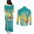 Hawaii Honu Couples Matching Puletasi and Long Sleeve Button Shirt Tropical Flowers Turquoise Gradient