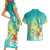 Hawaii Honu Couples Matching Short Sleeve Bodycon Dress and Hawaiian Shirt Tropical Flowers Turquoise Gradient