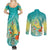 Hawaii Honu Couples Matching Summer Maxi Dress and Long Sleeve Button Shirt Tropical Flowers Turquoise Gradient