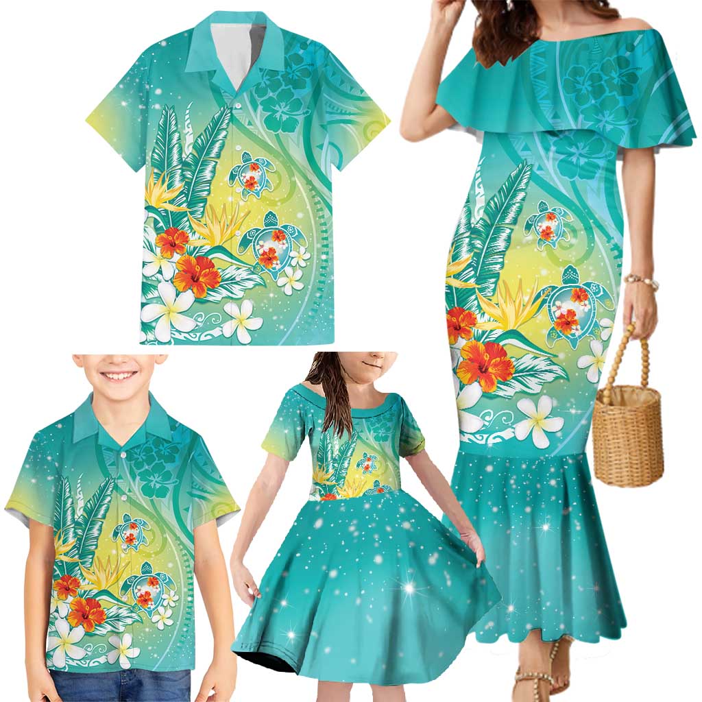 Hawaii Honu Family Matching Mermaid Dress and Hawaiian Shirt Tropical Flowers Turquoise Gradient