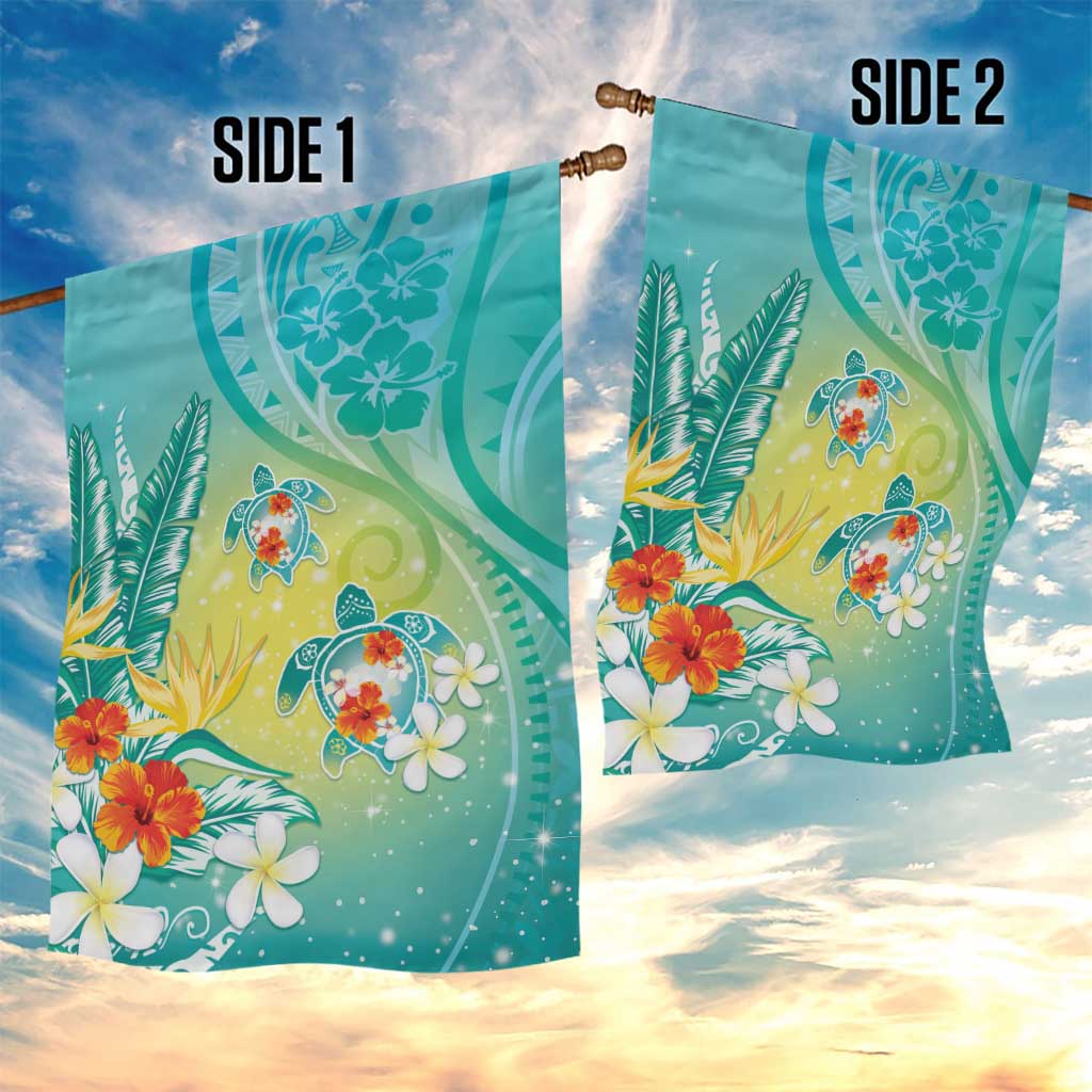 Hawaii Honu Garden Flag Tropical Flowers Turquoise Gradient LT05 - Polynesian Pride