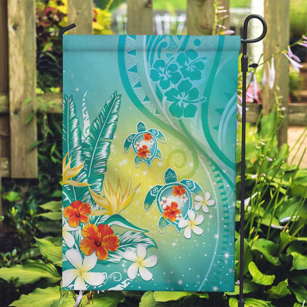 Hawaii Honu Garden Flag Tropical Flowers Turquoise Gradient LT05 Garden Flag Turquoise - Polynesian Pride