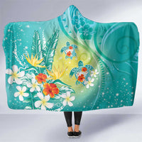 Hawaii Honu Hooded Blanket Tropical Flowers Turquoise Gradient LT05 One Size Turquoise - Polynesian Pride