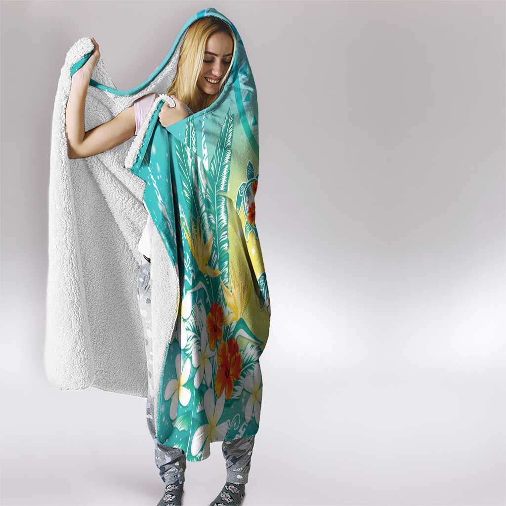 Hawaii Honu Hooded Blanket Tropical Flowers Turquoise Gradient LT05 - Polynesian Pride