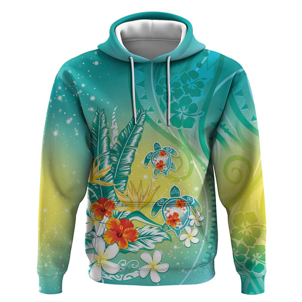 Hawaii Honu Hoodie Tropical Flowers Turquoise Gradient LT05 Pullover Hoodie Turquoise - Polynesian Pride