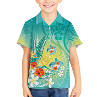 Hawaii Honu Kid Hawaiian Shirt Tropical Flowers Turquoise Gradient LT05 Kid Turquoise - Polynesian Pride