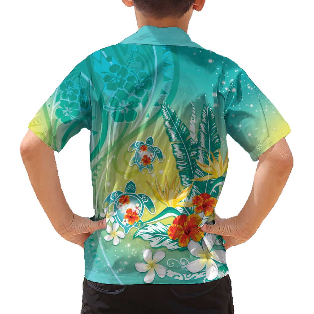 Hawaii Honu Kid Hawaiian Shirt Tropical Flowers Turquoise Gradient LT05 - Polynesian Pride
