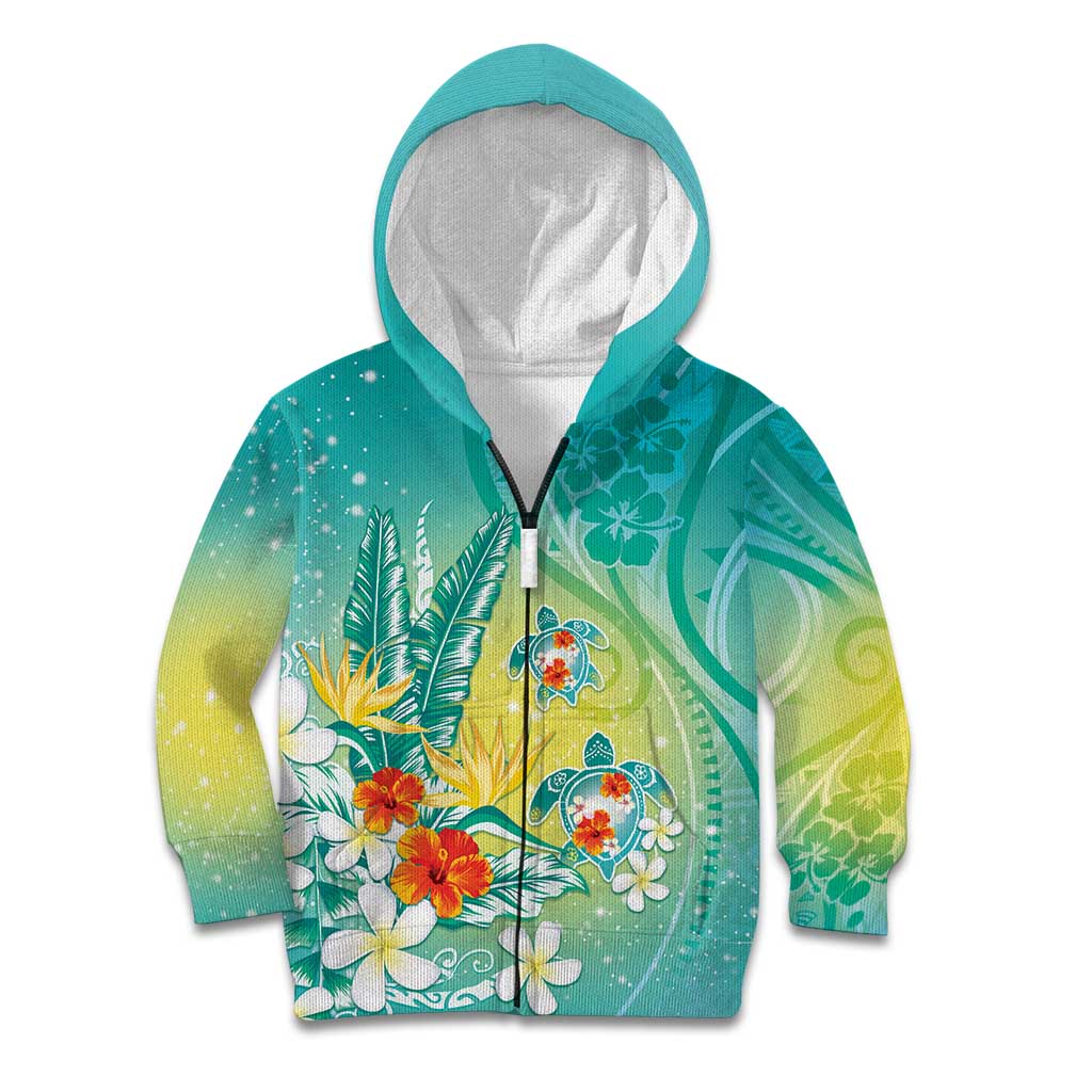 Hawaii Honu Kid Hoodie Tropical Flowers Turquoise Gradient LT05 Zip Hoodie Turquoise - Polynesian Pride