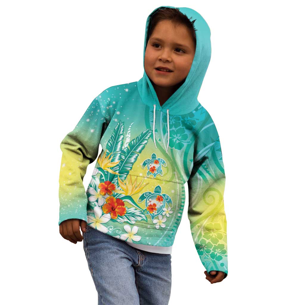 Hawaii Honu Kid Hoodie Tropical Flowers Turquoise Gradient LT05 - Polynesian Pride