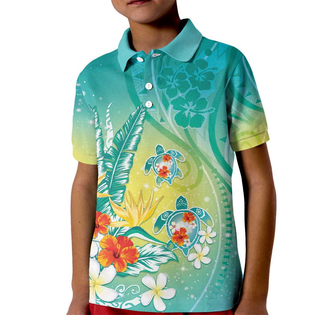 Hawaii Honu Kid Polo Shirt Tropical Flowers Turquoise Gradient LT05 Kid Turquoise - Polynesian Pride