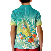 Hawaii Honu Kid Polo Shirt Tropical Flowers Turquoise Gradient LT05 - Polynesian Pride