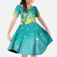 Hawaii Honu Kid Short Sleeve Dress Tropical Flowers Turquoise Gradient LT05 KID Turquoise - Polynesian Pride