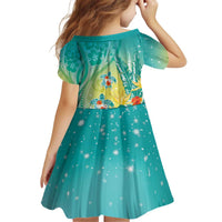 Hawaii Honu Kid Short Sleeve Dress Tropical Flowers Turquoise Gradient LT05 - Polynesian Pride