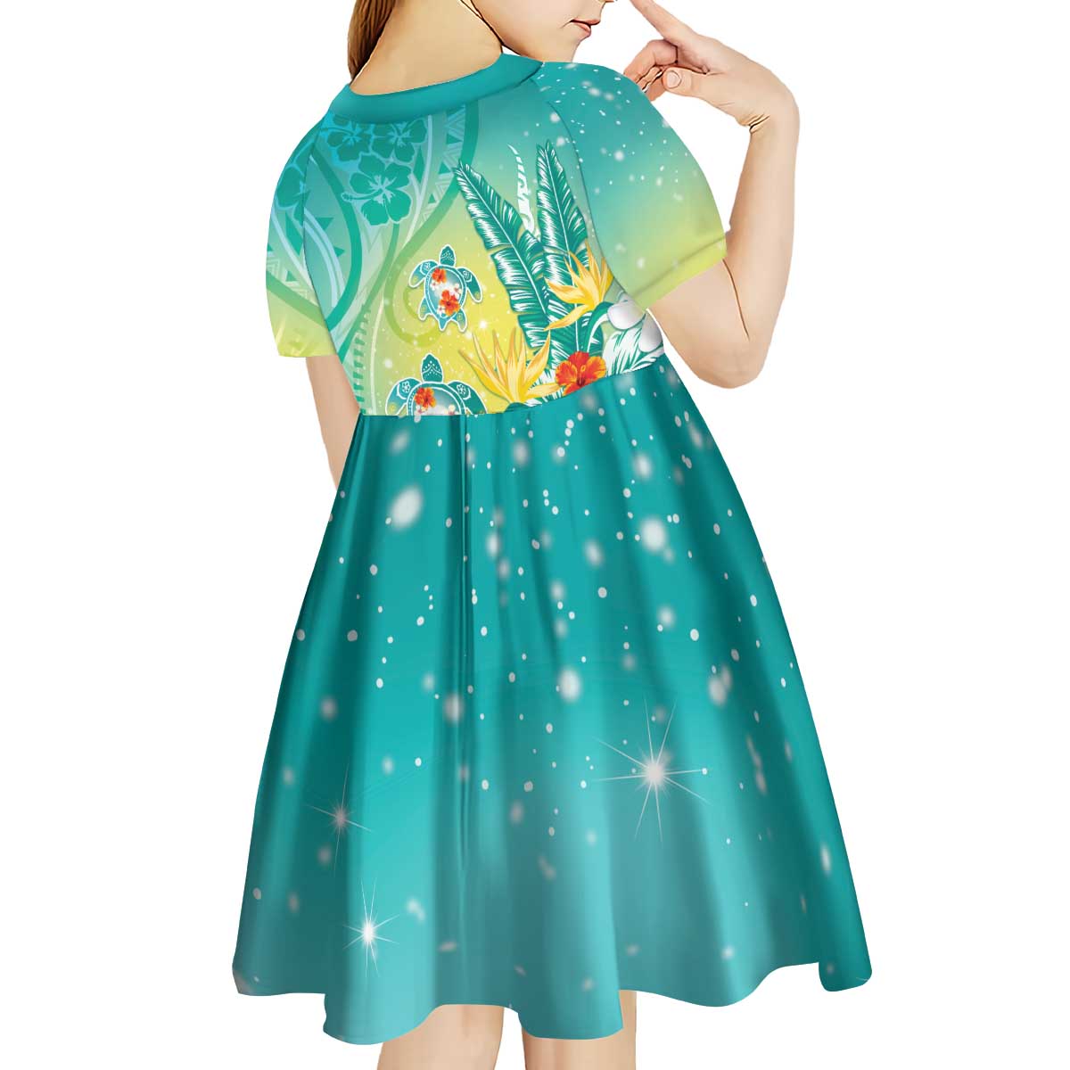 Hawaii Honu Kid Short Sleeve Dress Tropical Flowers Turquoise Gradient LT05 - Polynesian Pride