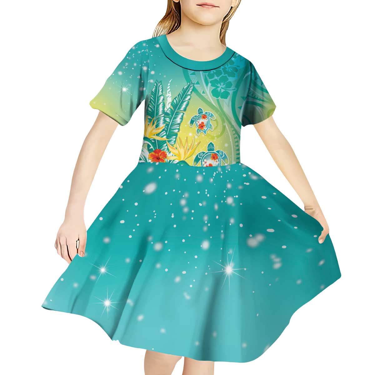 Hawaii Honu Kid Short Sleeve Dress Tropical Flowers Turquoise Gradient LT05 - Polynesian Pride