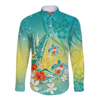 Hawaii Honu Long Sleeve Button Shirt Tropical Flowers Turquoise Gradient LT05 Unisex Turquoise - Polynesian Pride