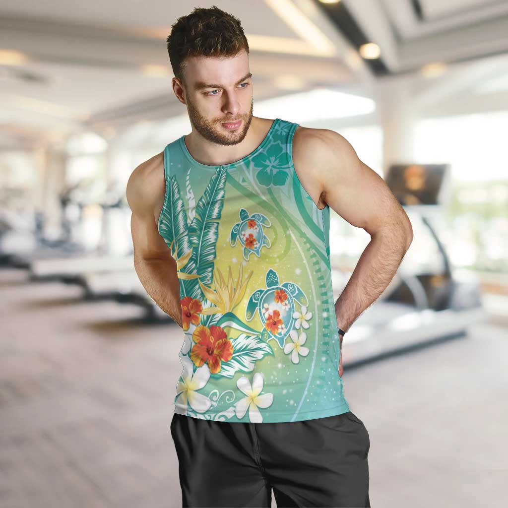 Hawaii Honu Men Tank Top - Tropical Flowers Turquoise Gradient LT05 Turquoise - Polynesian Pride