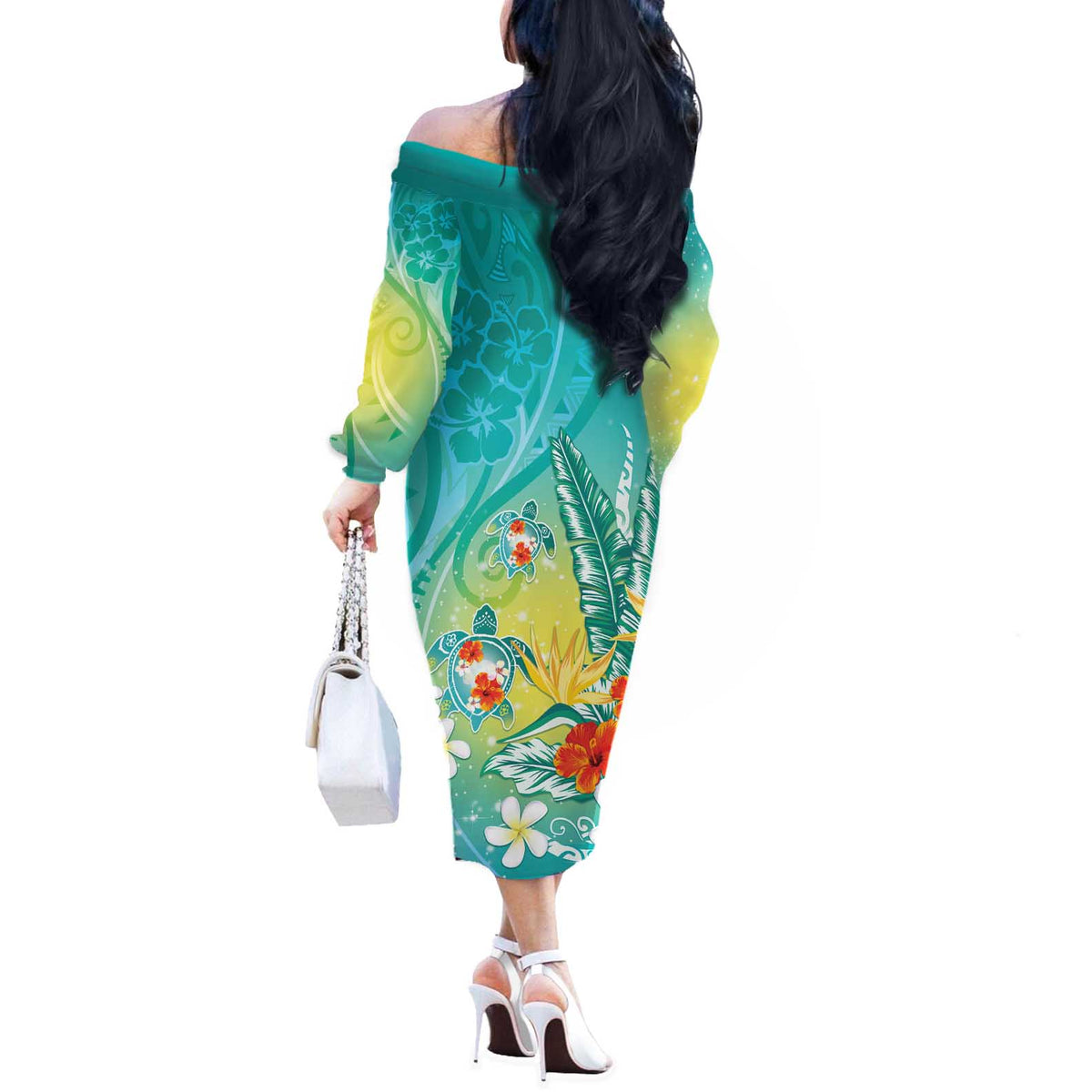 Hawaii Honu Off The Shoulder Long Sleeve Dress Tropical Flowers Turquoise Gradient LT05 - Polynesian Pride