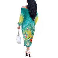 Hawaii Honu Off The Shoulder Long Sleeve Dress Tropical Flowers Turquoise Gradient LT05 - Polynesian Pride