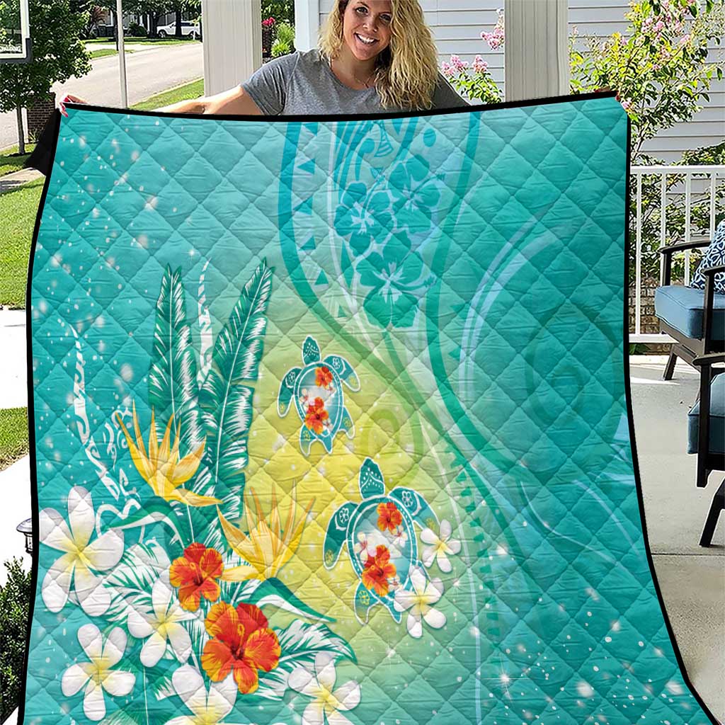 Hawaii Honu Quilt - Tropical Flowers Turquoise Gradient LT05 Turquoise - Polynesian Pride